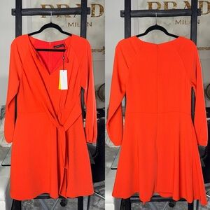 Karen Millen Orange Twist Front Long Sleeve Fit Flare Dress Womens US 8 New NWT